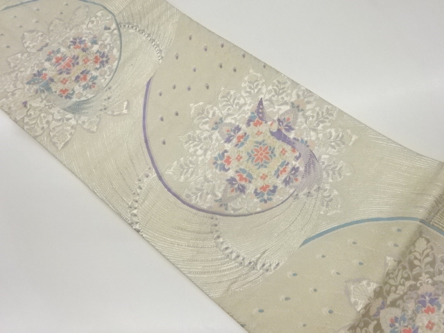 孔雀に華紋模様織出し袋帯